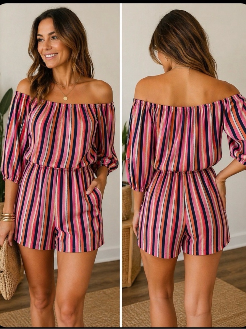 1377 Premier Armour Off-Shoulder Multicolored Striped Shorts Romper   Sz14